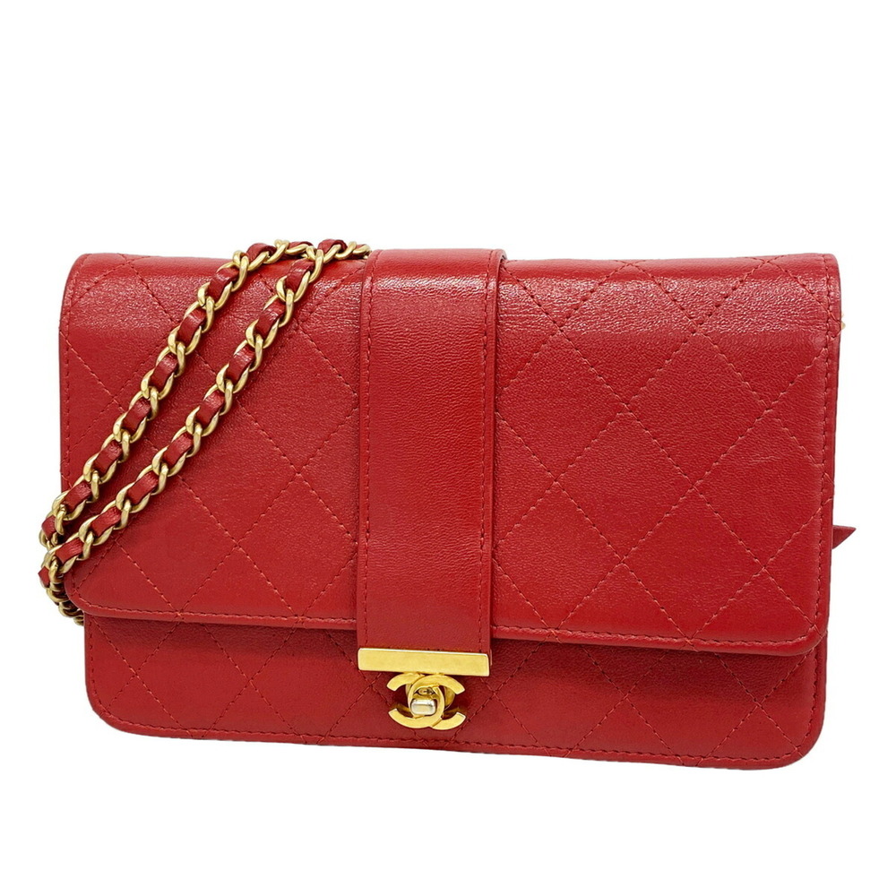 Chanel Matelassé Chain Shoulder Wallet, Leather, Red, Women's